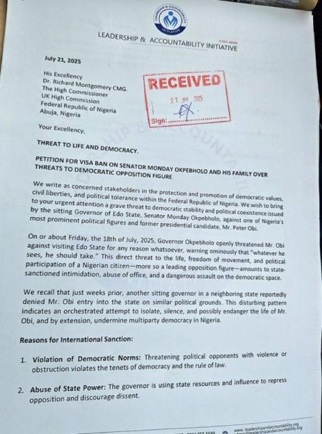 Peter Obi: US Embassy petitioned to impose visa ban on Okpebholo, family members 3