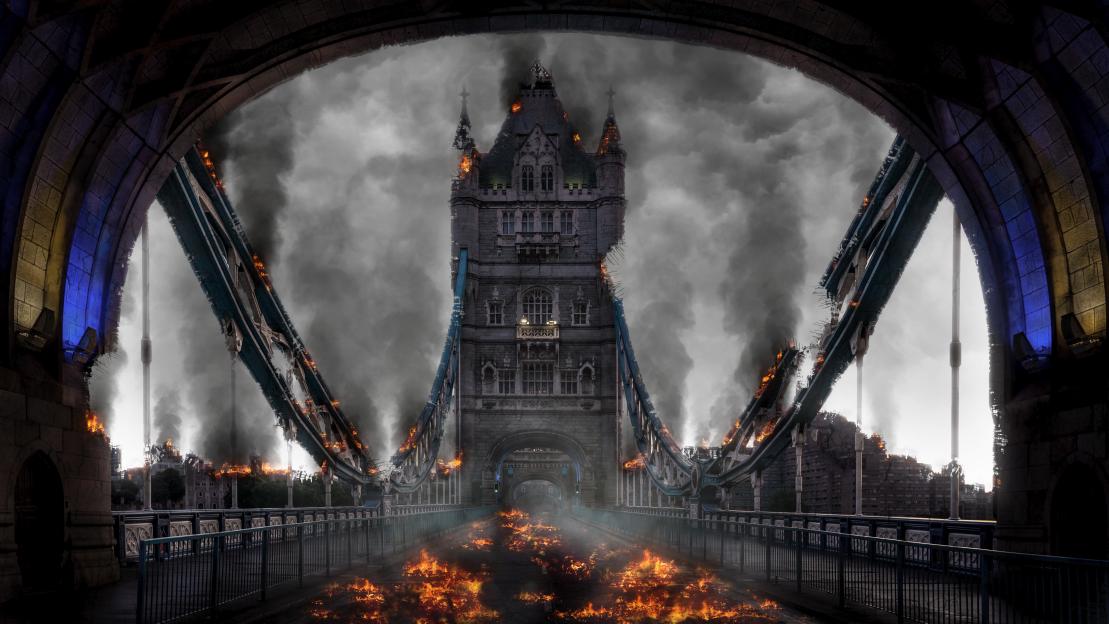Illustration of Tower Bridge in London burning and collapsing.
