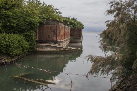 Overgrown brick structure on Poveglia Island in the Venice lagoon.