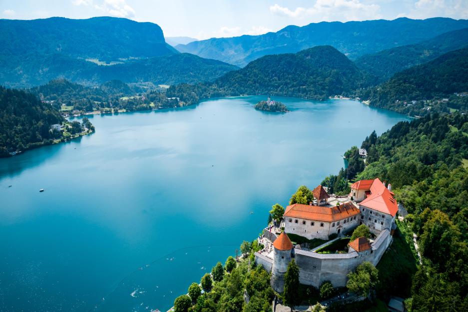 Aerial view of Lake Bled Castle in Slovenia.