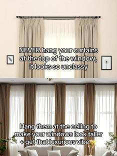 Illustration showing two ways to hang curtains: one where curtains are hung at the top of the window, and another where they are hung from the ceiling.