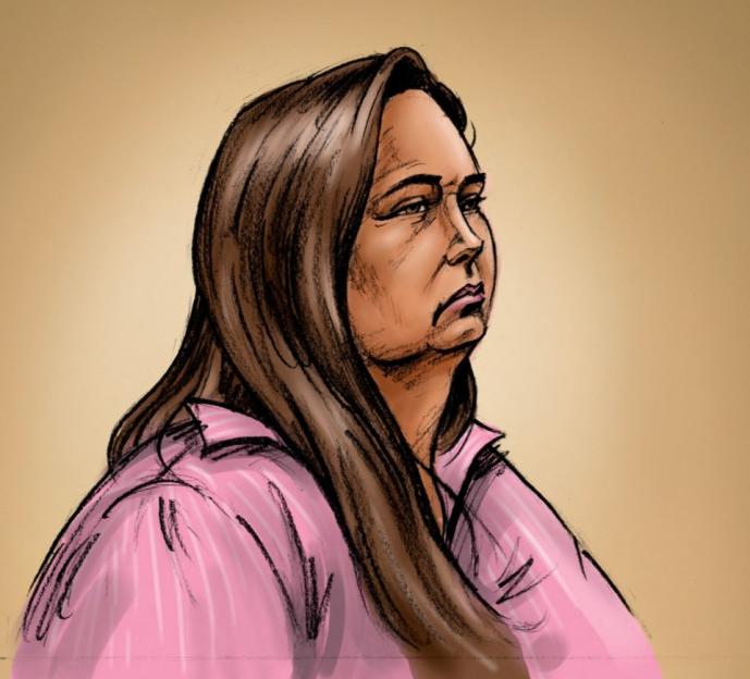Illustration of a woman with long brown hair wearing a pink shirt.
