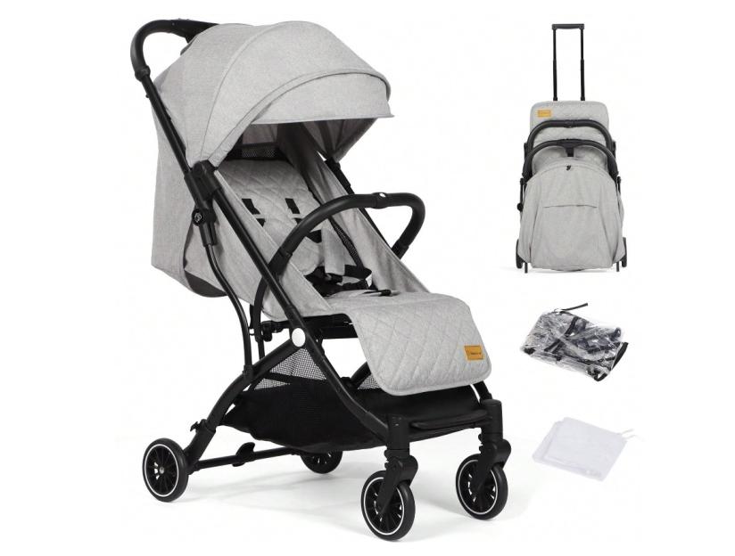 Grey lightweight stroller with rain cover and mosquito net.