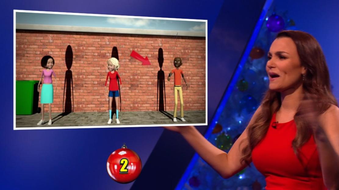 Illustration of a game show contestant holding up an image of animated characters and shadows; number 2 is shown on an ornament below.