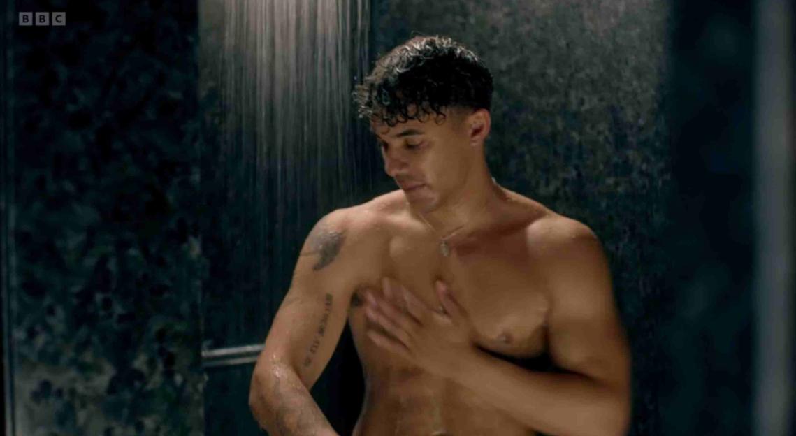 Screenshot from BBC's *The Traitors* showing contestant Keith showering.