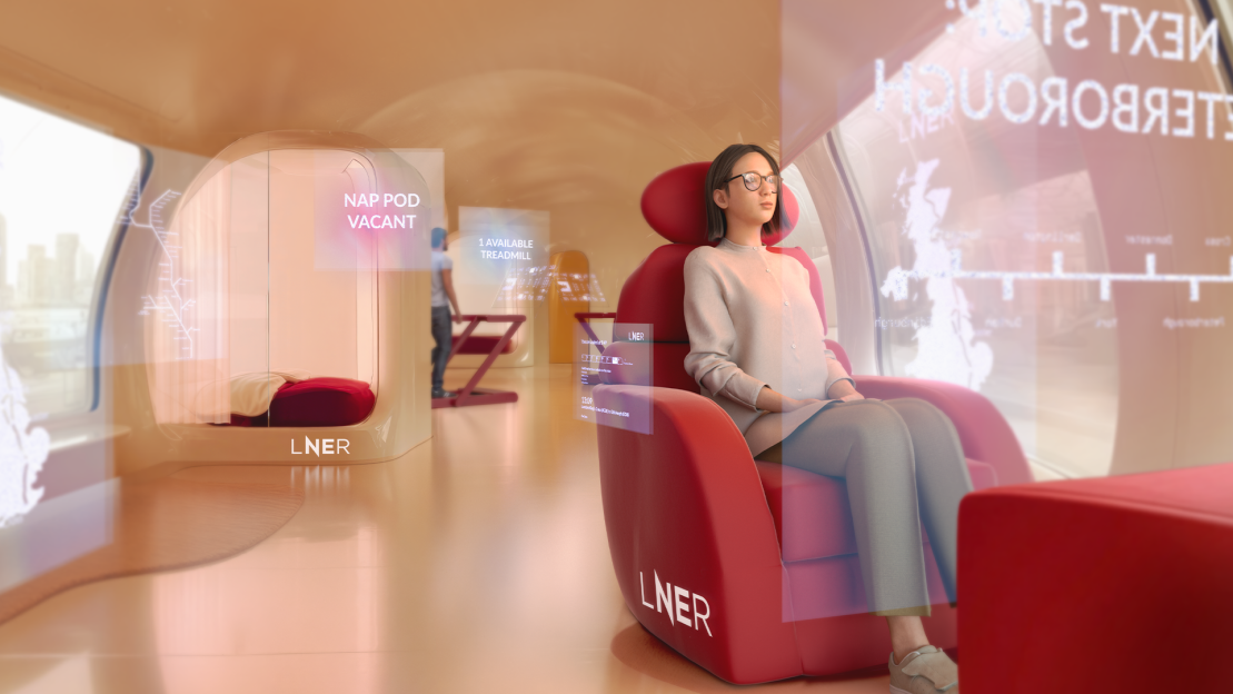 Illustration of a woman relaxing in a futuristic LNER train pod.