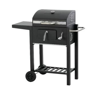 Black barbecue grill on stand with wheels.