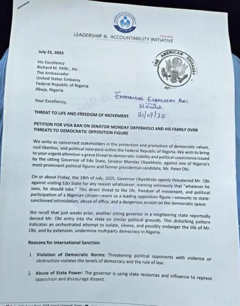 Peter Obi: US Embassy petitioned to impose visa ban on Okpebholo, family members 4