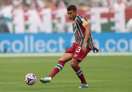 Thiago Silva #3 of Fluminense FC controls the ball during a soccer match.