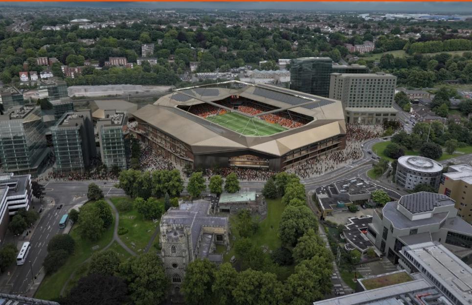 Aerial illustration of Luton Stadium's proposed expansion.