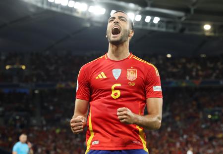 Mikel Merino of Spain celebrating a goal.