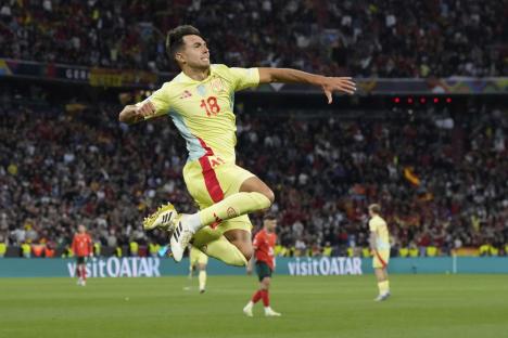 Spain's Martin Zubimendi celebrates scoring his side's opening goal during the Nations League final soccer match between Portugal and Spain at the Allianz Arena in Munich, Germany, Sunday, June 8, 2025. (AP Photo/Martin Meissner)