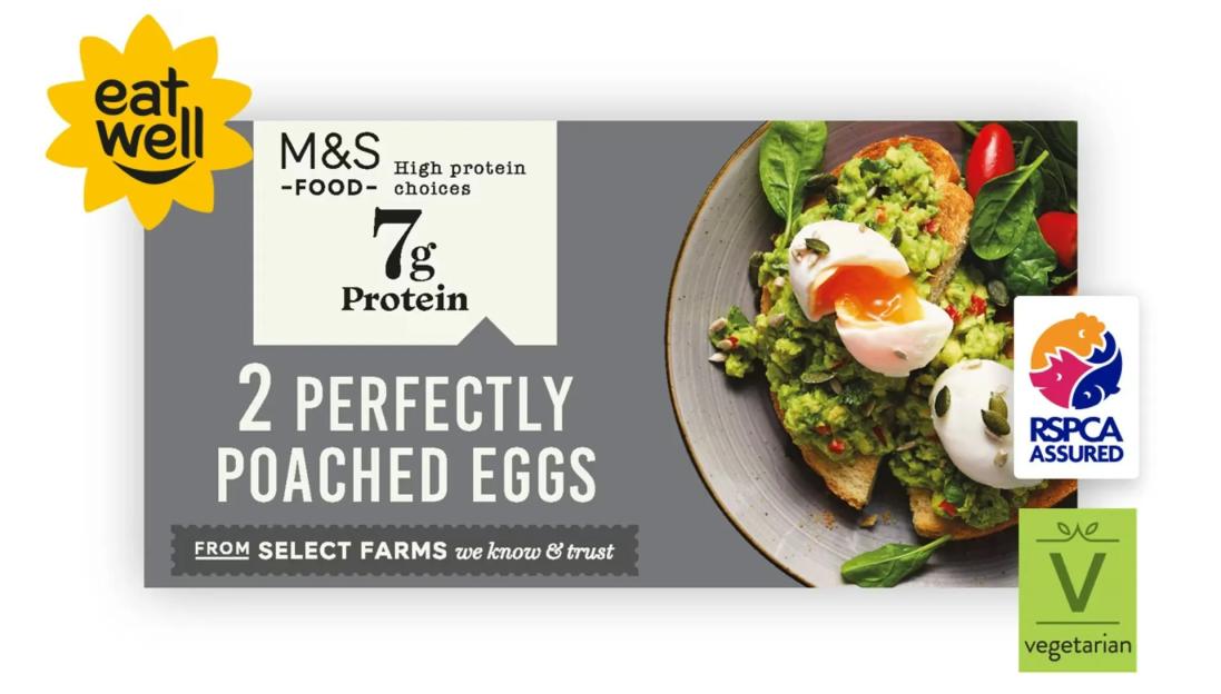 M&S perfectly poached eggs on avocado toast; 7g protein.