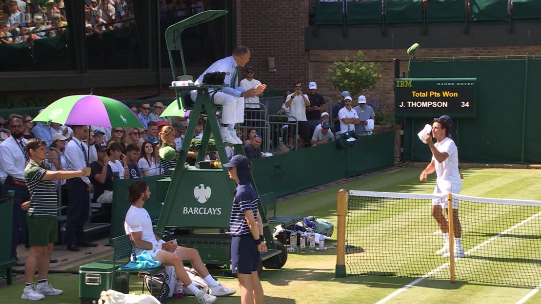 A tennis match at Wimbledon; a player argues with the umpire.