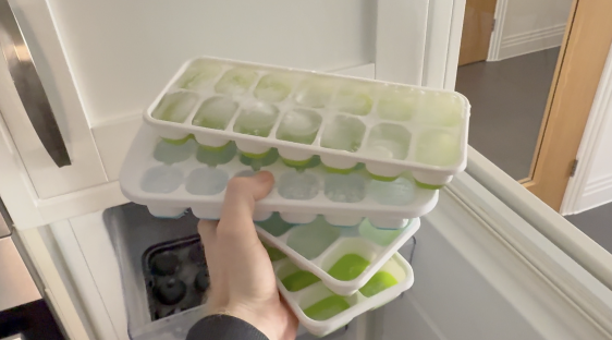 Hand holding several ice cube trays filled with ice.