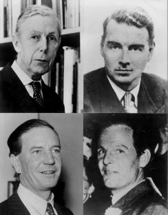 Four black and white photos of the Cambridge Five spies: Anthony Blunt, Guy Burgess, Donald Maclean, and Kim Philby.