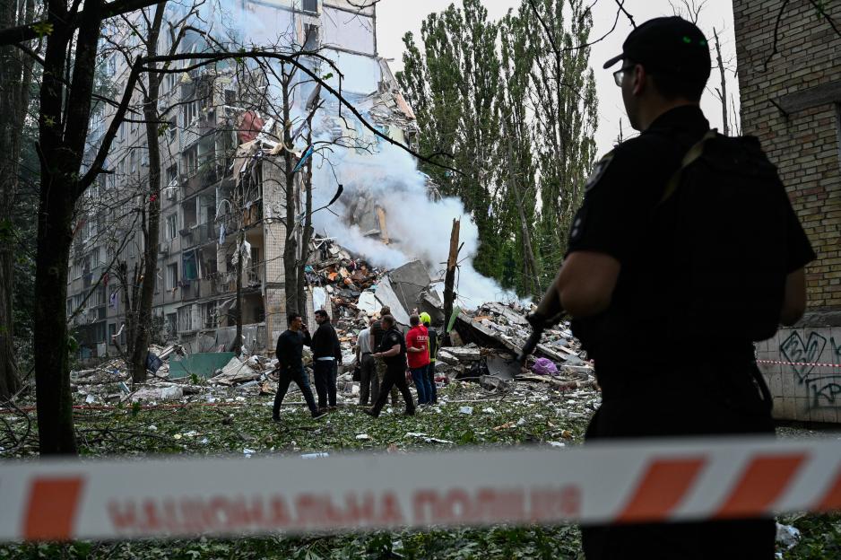 KYIV, UKRAINE - JULY 31: A view at a residential building damaged by a Russian attack in Kyiv, Ukraine on July 31, 2025. Russian forces launched an attack on Ukrainian cities, including Ukraine's capital Kyiv, residential buildings in various districts of the city were damaged. A section of a reside building in Sviatoshynskyi district of Kyiv collapsed. Emergency services continue their work at the site. (Photo by Danylo Antoniuk/Anadolu via Getty Images)