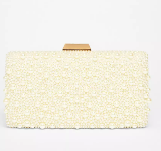 Off-white beaded clutch.