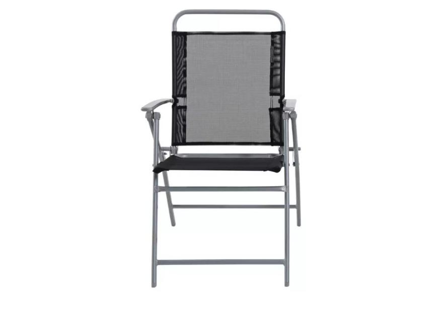 Folding metal garden chair with black mesh back and seat.