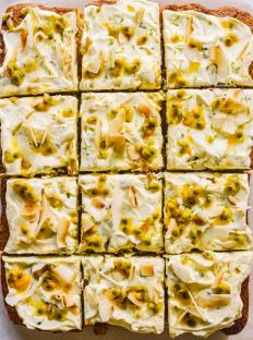 Tropical traybake cut into squares.
