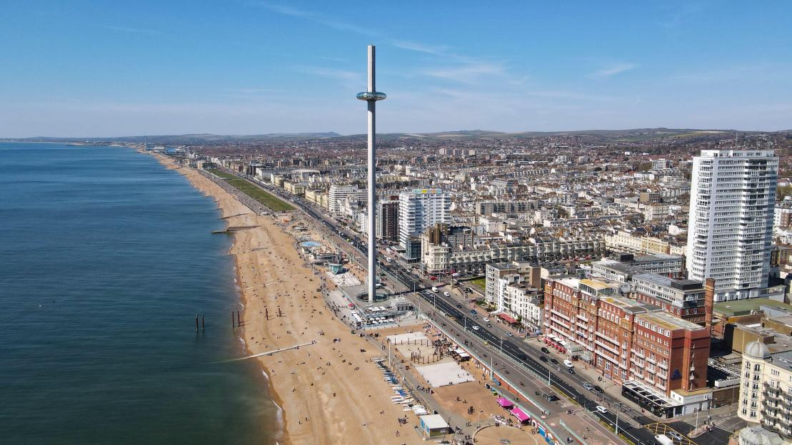 Aerial view of Brighton beach and the British Airways i360.