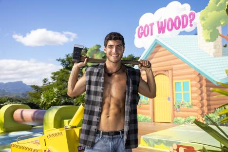 A shirtless man with an axe over his shoulder smiles in front of a cartoon log cabin.