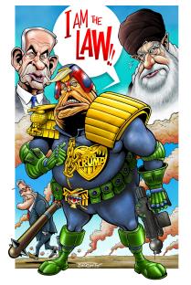 Illustration of Donald Trump as Judge Dredd, with caricatures of Benjamin Netanyahu and Ali Khamenei in the background.
