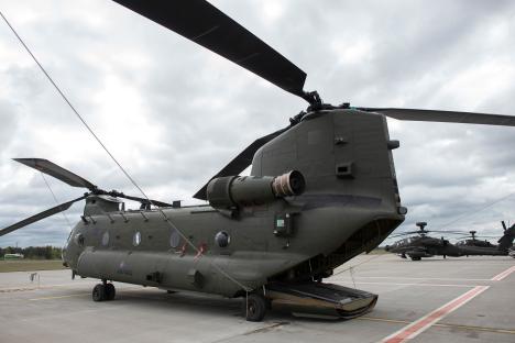 British Army Air Corps Boeing CH-47 Chinook transport helicopter at Amari Air Base, Estonia.