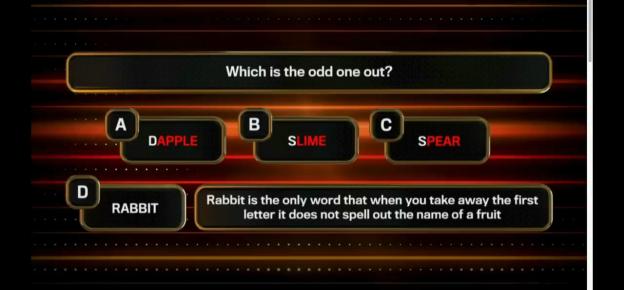 Screenshot of a quiz question: Which is the odd one out? DAPPLE, SLIME, SPEAR, RABBIT. The answer is RABBIT.