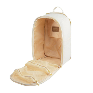 Off-white Cabin Max backpack open to show interior compartments.