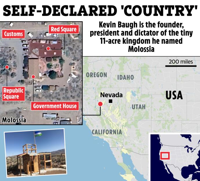 Map and photo of Molossia, a self-declared 11-acre country in Nevada.