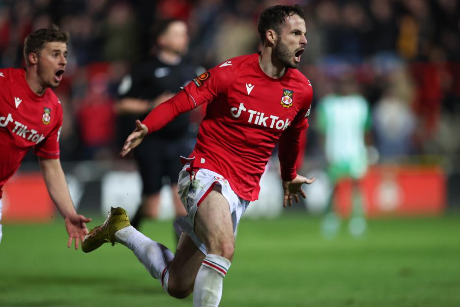 Anthony Forde of Wrexham celebrating a goal.