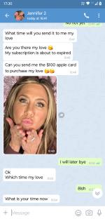 Screenshots of a Facebook Messenger conversation with a scammer pretending to be Jennifer Aniston.