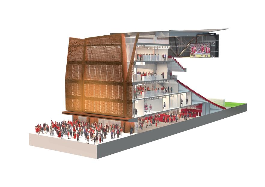 Illustration of a cutaway view of a proposed stadium stand, showing interior details and exterior design.