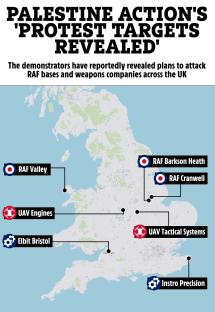 Map of UK showing planned protest targets including RAF bases and weapons companies.