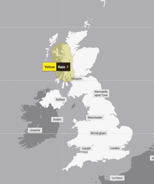 Map of the British Isles showing a yellow rain warning in Scotland.