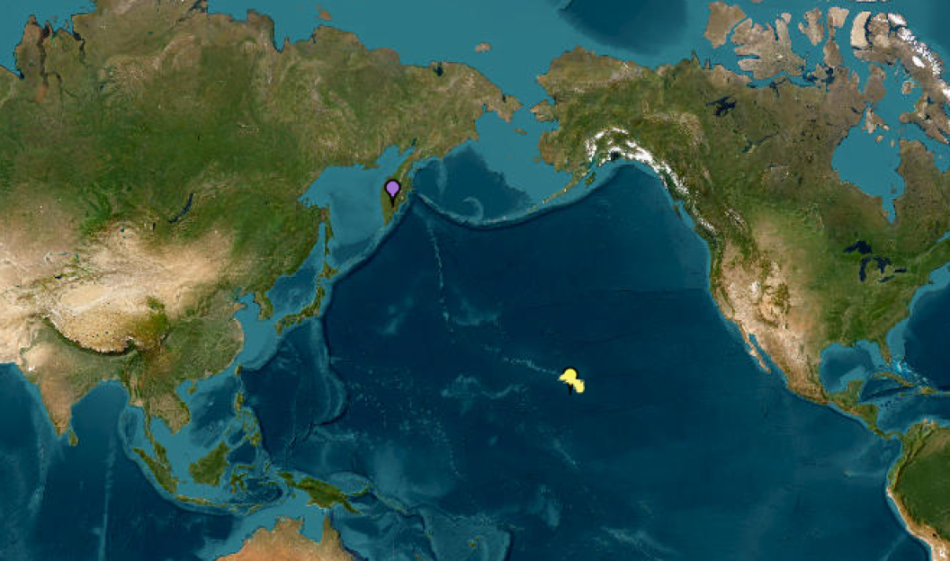 Map showing tsunami warning for Kamchatka Peninsula following two earthquakes.