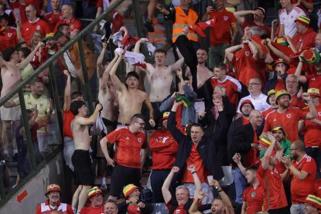 Welsh fans celebrating at a soccer match.