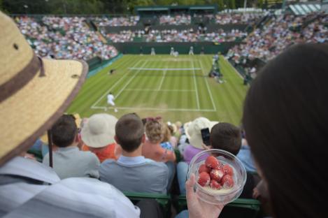Spectator at Wimbledon eating strawberries and cream while watching a tennis match.