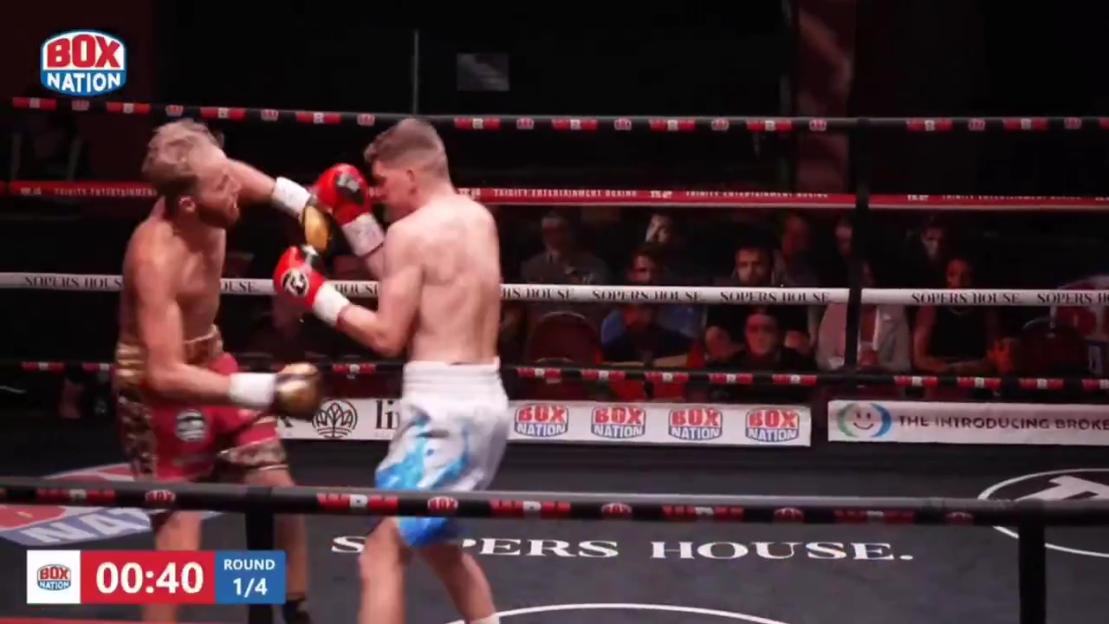 Kristaps Zulgis knocking down Walter Fury in round one of a boxing match.