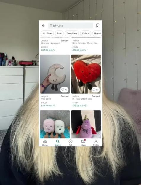Screenshot of Vinted app showing Jellycat plushies for sale.