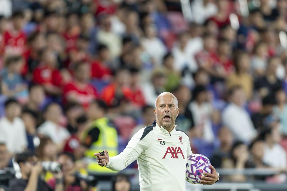 Arne Slot, Liverpool's head coach, instructing during a pre-season training session.