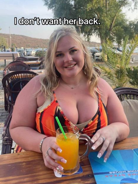 Woman at a restaurant, holding an orange drink, with text overlay: