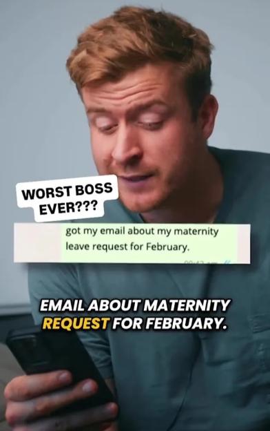Man reacting to a shocking email from his boss regarding his maternity leave request.