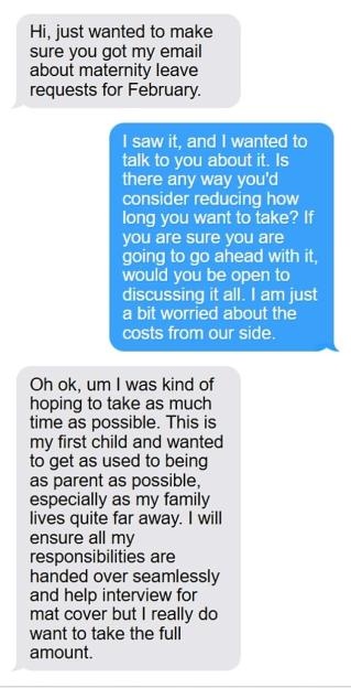 Text message exchange about maternity leave request.