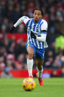Joao Pedro of Brighton & Hove Albion running with the soccer ball.