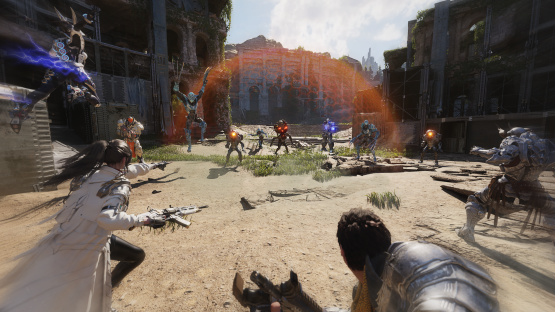 Screenshot from The First Descendant showing a battle scene.