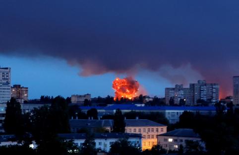 Smoke and fire rising from a Russian strike in Kyiv, Ukraine.