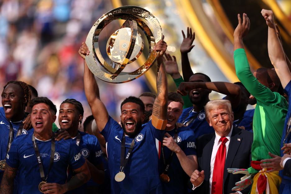 Chelsea FC players celebrating their FIFA Club World Cup victory with Donald Trump.