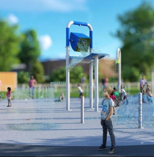 Illustration of a splash park with children playing.